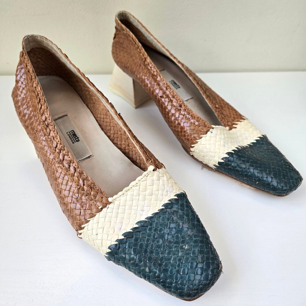 Miista Elvissa Mix Woven Leather Block Heels Pumps Womens Size US 10.5 EU 41